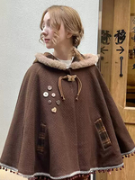 Poncho Lolita doux en polyester marron foncé à carreaux pour lhiver
