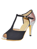 Pratiques chaussures de danse latine en tissu de terry noir à talons aigus T-bracelet bicolore peep-toe