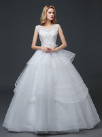 princesse robe de mariée église hall longueur plancher col rond lacets de dentelle en dentelle en tulle ivoire Suppliers