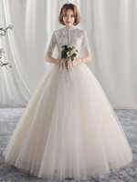 princesse robe de mariée princesse col roulé plissée avec bouton en tulle et doublure longueur plancher