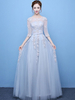 Prom gris clair robe dentelle Applique Tulle Illusion Half Sleeve étage longueur robe de fête