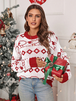 Pull à col rond géométrique rouge pour femme manches longues en acrylique