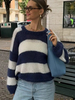 Pull Blanc Bleu Bicolore À Col Rond Femme Coupe Ample Décontracté En Polyester