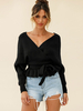 Pull Court à Col V avec Manches Longues Amples à Col Décolleté en V Coupe Cintrée à Lacets Unicolore Pull Femme