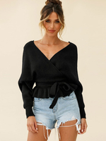 Pull Court à Col V avec Manches Longues Amples à Col Décolleté en V Coupe Cintrée à Lacets Unicolore Pull Femme