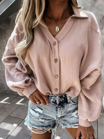 Pull Court Décontracté Femme à Col Revers avec Manches Longues avec Boutons Unicolore Pull Femme
