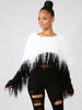 Pull en Côtelé Court avec Franges à Col Décolleté avec Manches Longues Bicolores