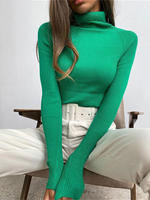 Pull en Côtelé Court Femme à Col Montant avec Manches Longues Unicolore Pull Femme