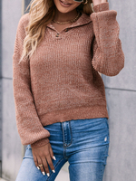 Pull en Côtelé Court Femme à Col Revers avec Manches Longues Amples Unicolore