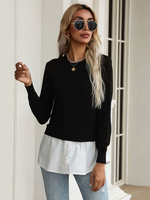Pull en Côtelé Court Femme à Col Rond avec Manches Longues Bicolores Pull Femme