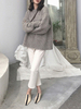 Pull en Côtelé Court Femme à Col Rond avec Manches Longues Unicolore
