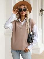 Pull en Côtelé Court Femme à Col V avec Bretelles Unicolore Pull Femme