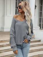 Pull en Côtelé Court Femme à Col V avec Manches Longues Amples Unicolore