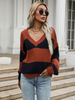 Pull en Côtelé Court Femme à Col V avec Manches Longues Bicolores Pull Femme