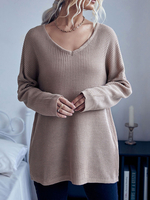Pull en Côtelé Court Femme Décontracté à Col V avec Manches Longues Unicolore