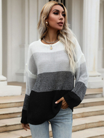 Pull en Côtelé Court Imprimé Rayures à Col Rond avec Manches Longues Tricolores Pull Femme