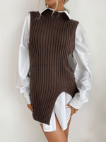 Pull en Côtelé Coute Femme Sans Manches à Col Montant Unicolore Coupe Cintrée Gilet Femme
