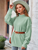 Pull en Côtelé Femme Court à Col Montant avec Manches Longues Unicolore Coupe Cintrée sans Ceinture