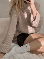 Pull en Côtelé Femme Court à Col Montant avec Manches Longues Unicolore Pull Femme