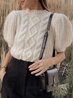 Pull en Côtelé Femme Court à Col Rond avec Manches Courtes Amples Unicolore Pull Femme
