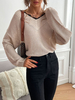 Pull en Côtelé Femme Court à Col V avec Manches Longues Amples Unicolore Pull Femme