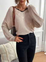 Pull en Côtelé Femme Court à Col V avec Manches Longues Amples Unicolore Pull Femme