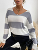 Pull en Côtelé Femme Court Imprimé à Col V avec Manches Longues Bicolores