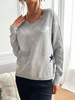 Pull en Côtelé Femme Court Imprimé à Col V avec Manches Longues Bicolores
