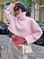 Pull en Côtelé Femme Taille Haute à Col Montant avec Manches Longues Unicolore Pull Femme