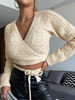 Pull en Côtelé Femme Taille Haute à Col V avec Manches Longues Coupe Cintrée à Lacets Unicolore Pull Femme