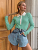 Pull en Côtelé Imprimé Carreaux à Col Revers avec Manches Longues Bicolores Pull Femme