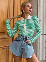 Pull en Côtelé Imprimé Carreaux à Col Revers avec Manches Longues Bicolores Pull Femme