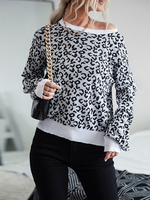 Pull en Côtelé Imprimé Court à Col Rond avec Manches Longues Bicolores Pull Femme