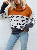 Pull en Côtelé Imprimé Court Femme à Col Montant avec Manches Longues Tricolores Pull Femme