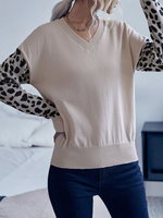 Pull en Côtelé Imprimé Femme Court à Col V avec Manches Longues