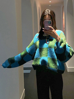 Pull en Côtelé Imprimé Femme Courte Décontracté Bicolores Pull Femme