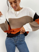 Pull en Côtelé Imprimé Femme Décontracté à Col Rond avec Manches Longues Tricolores