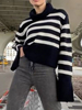 Pull en Côtelé Imprimé Rayures à Col Montant avec Manches Longues Bicolores Pull Femme