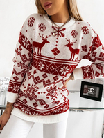 Pull en Côtelé Noël Femme Court à Col Rond avec Manches Longues Bicolores Pull Femme