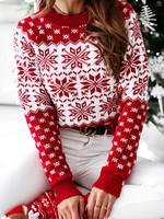 Pull en Côtelé Noël Femme Court à Col Rond avec Manches Longues Bicolores Pull Femme