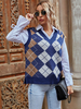 Pull en Gilet avec Motifs Losanges Femme Hiver Côtelé Noir à Col V Bleu et Blanc sans Manches Chaud Gilet en Maille Femme Hiver