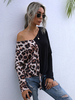 Pull en Maille à Epaules Nues Bimatière Noir et Leopard Femme Hiver Chaud Pull en Maille Femme Hiver