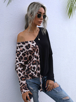 Pull en Maille à Epaules Nues Bimatière Noir et Leopard Femme Hiver Chaud Pull en Maille Femme Hiver