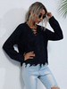 Pull en Maille à Lacets Croisés avec les Franges Femme Hiver Côtelé Noir à Col V Taille Haute Chaud Pull en Maille Femme Hiver