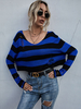 Pull en Maille avec les Franges Femme Hiver Côtelé à Col V Taille Haute avec Les Rayures Bleu et Noir Chaud Pull en Maille Femme Hiver