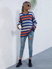 Pull en Maille avec Les Rayures Bleu Rouge et Blanc Femme Hiver Long Côtelé à Col Rond Chaud Pull en Maille Femme Hiver