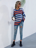 Pull en Maille avec Les Rayures Bleu Rouge et Blanc Femme Hiver Long Côtelé à Col Rond Chaud Pull en Maille Femme Hiver
