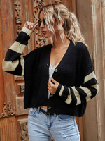 Pull en Maille avec Les Rayures Femme Hiver à Col V Cousu avec Noir et Beige Fermeture par Boutons Pull en Maille Femme Hiver