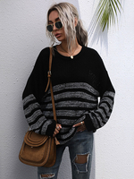 Pull en Maille avec Les Rayures Noir et Gris Marin Femme Hiver Côtelé à Col Rond Chaud Pull en Maille Femme Hiver