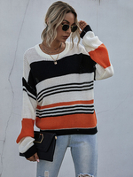Pull en Maille avec Les Rayures Orange Noir et Blanc Femme Hiver Côtelé à Col Rond Chaud Pull en Maille Femme Hiver